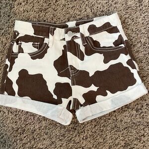 SHEIN Brown & White Cow Print Denim Shorts